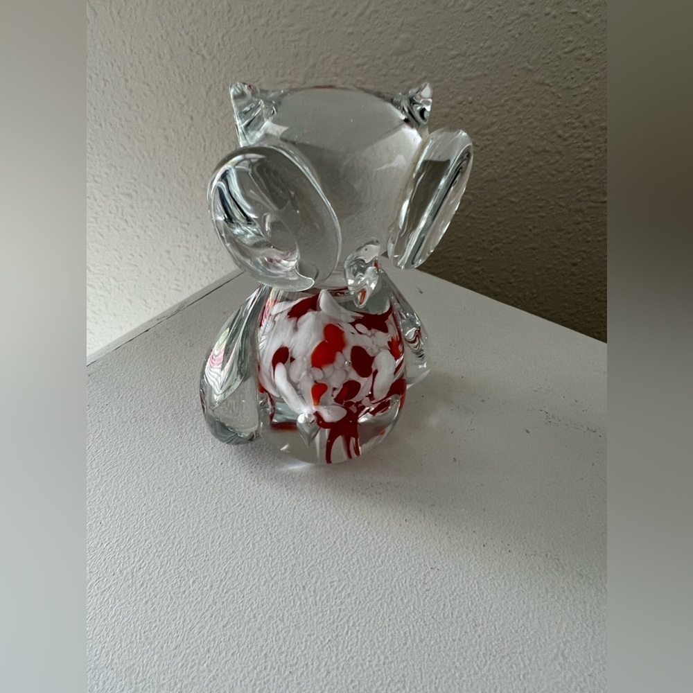 Art Glass Owl Figurine Paperweight Clear Orange White Spotted Chest | Handblown - Picture 2 of 8